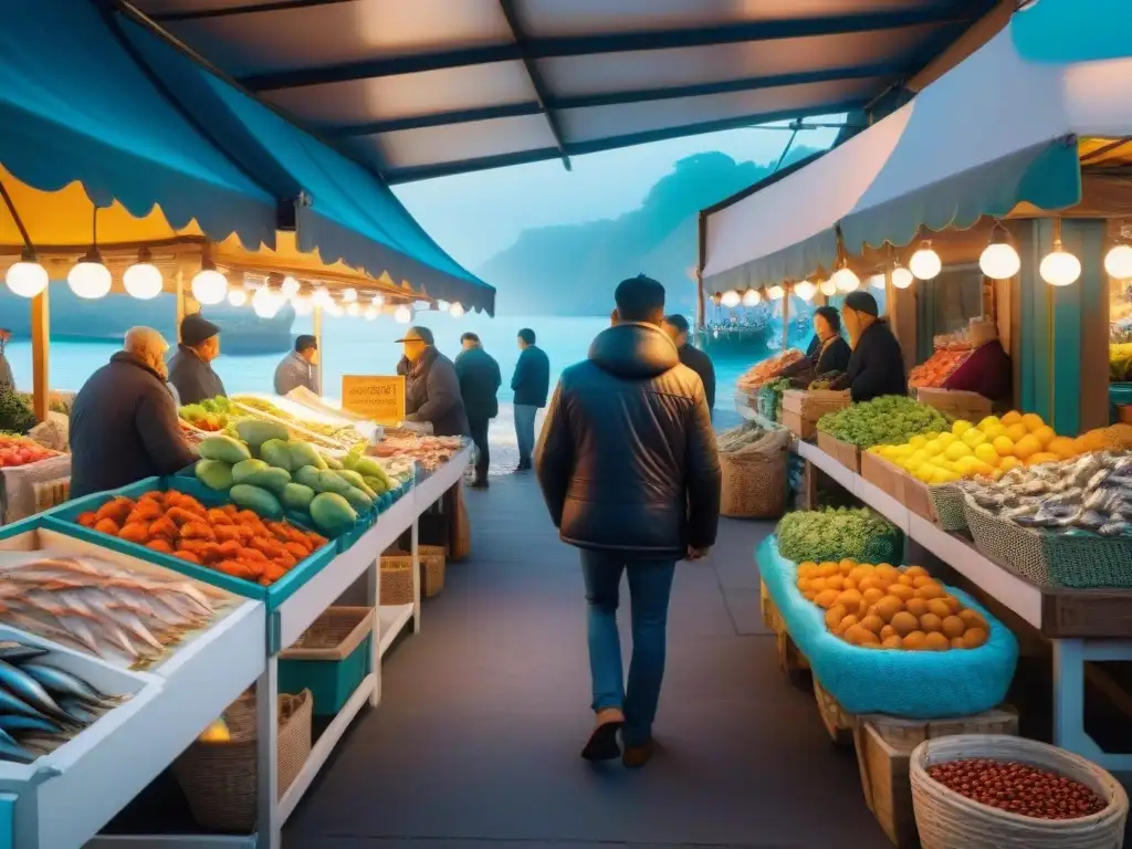Mercado costero: vida, colores y sabores en un paraíso emergente Un vibrante mercado costero emergente, repleto de puestos con mariscos frescos, frutas coloridas y artesanías