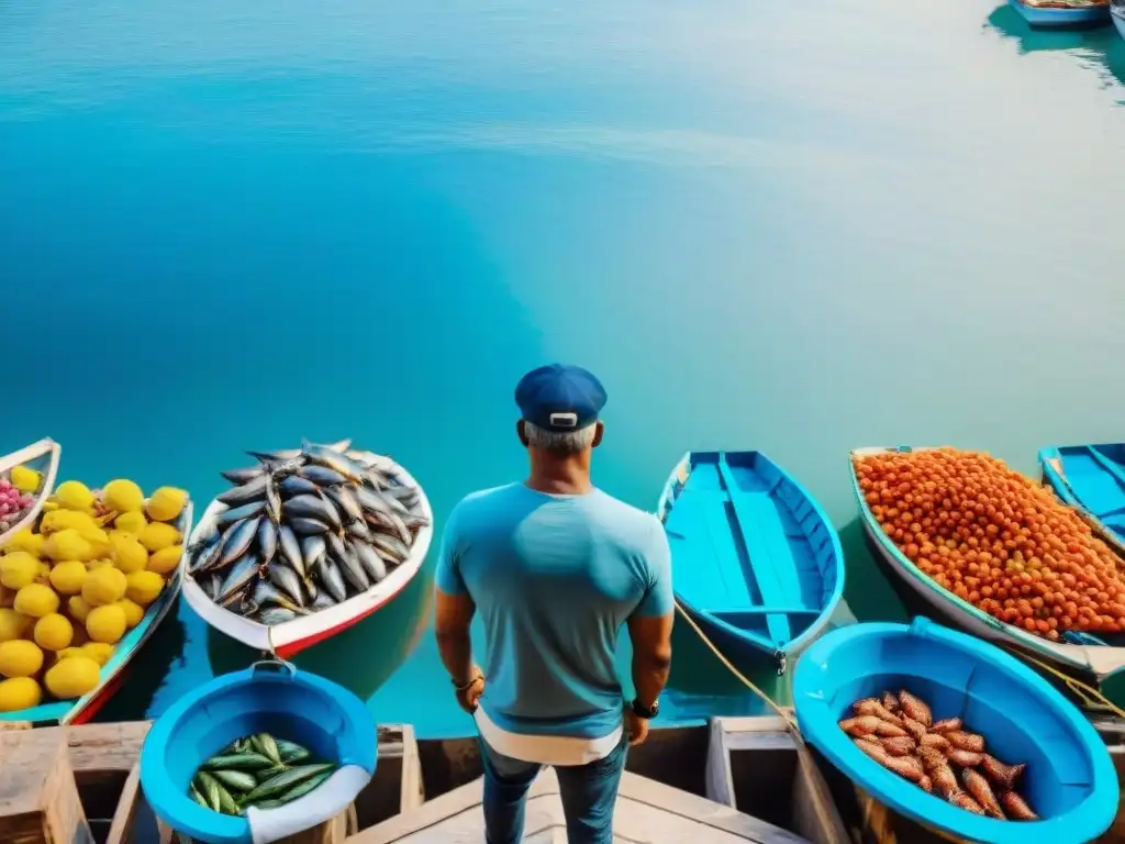 Mercado costero vibrante: pescadores locales, productos frescos y vida saludable junto al mar Un vibrante mercado costero reflejando el estilo de vida costero saludable