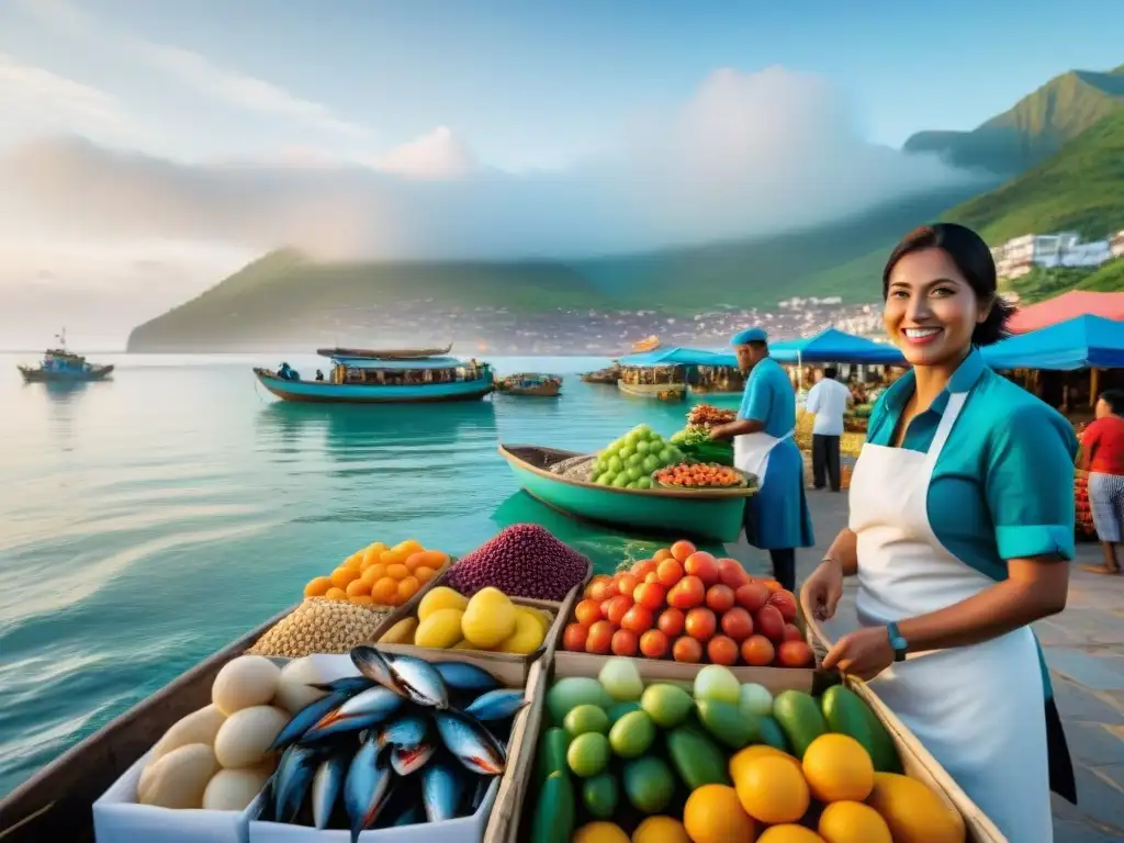 Mercado costero vibrante: mar, pescadores y delicias Vibrante mercado costero junto al mar con pescadores locales y vendedores ofreciendo mariscos frescos y frutas coloridas
