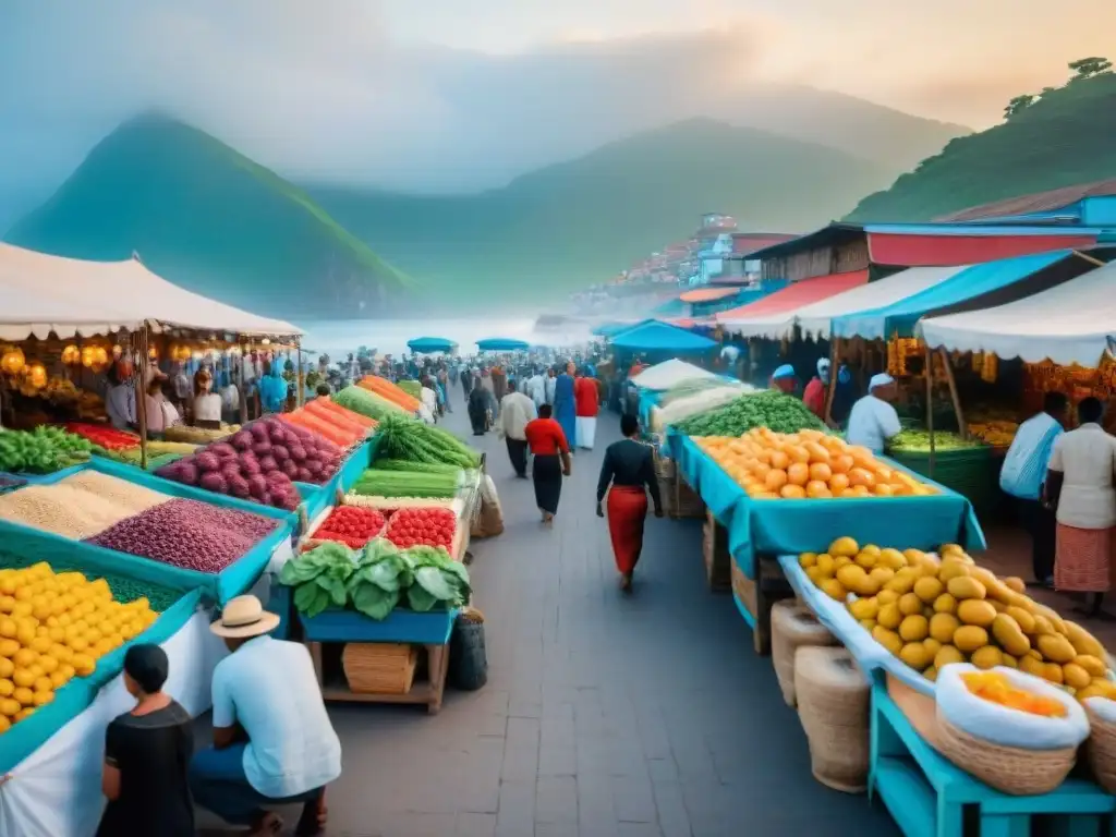 Vibrante mercado costero en país en desarrollo, con coloridos puestos de productos locales y multitud diversa en transacciones animadas