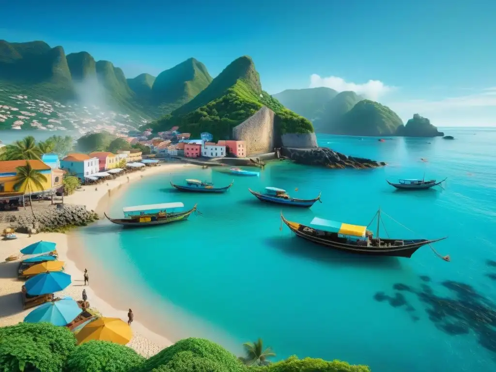 Un vibrante mercado costero con pescadores y vendedores locales en un pintoresco pueblo emergente