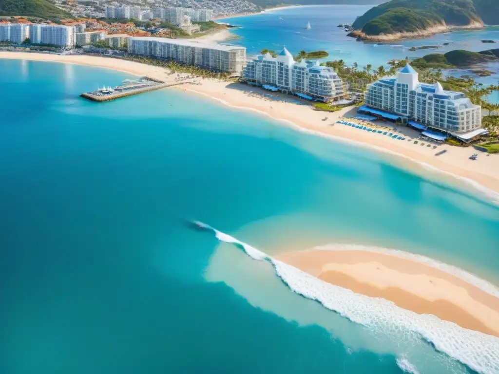Vida costera: ciudad moderna, playa vibrante y marina lujosa Un vibrante mercado inmobiliario costero cobra vida en una ciudad costera bulliciosa, repleta de modernos edificios y actividades playeras