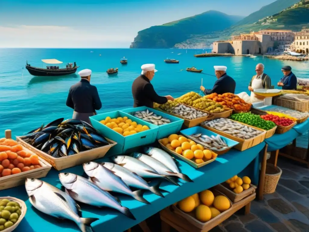 Mercado de mariscos en Italia: Sabores del Mediterráneo en vivo Vibrante mercado de mariscos en Italia con pescado fresco y delicias marinas