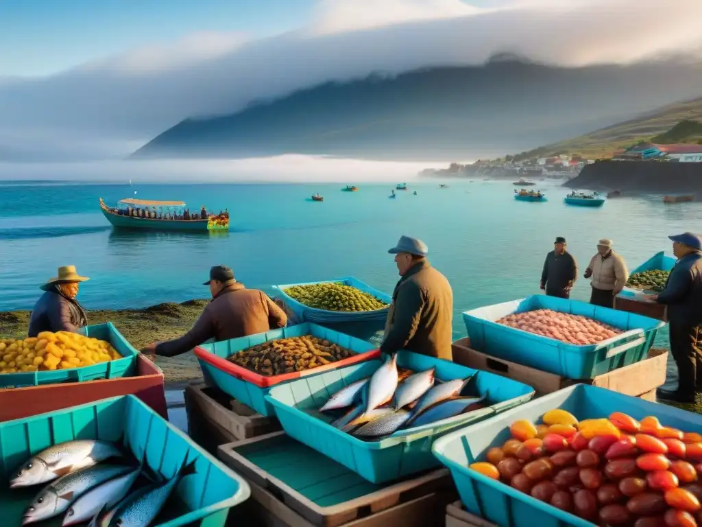 Mercado pesquero vibrante en la costa de Chile Vibrante mercado de pescado en la costa de Chile con Experiencias de degustación en propiedades costeras