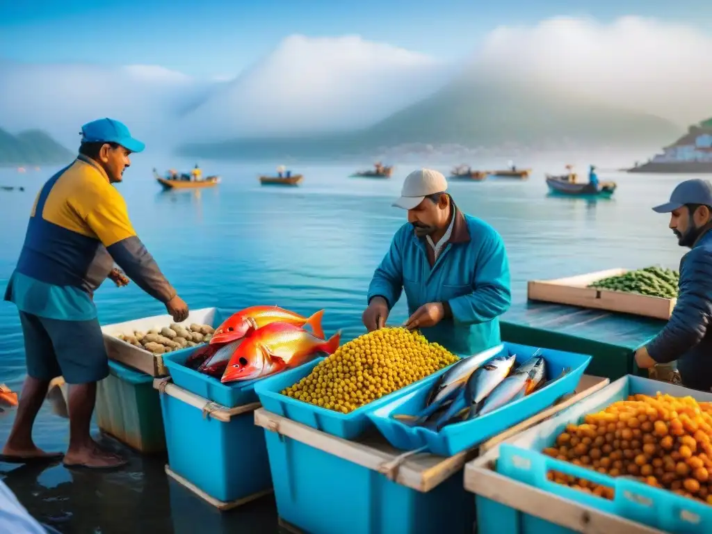Mercado pesquero costero: captura del éxito económico local Vibrante mercado de pescado costero emergente con pescadores y compradores inspeccionando capturas frescas bajo cielo azul