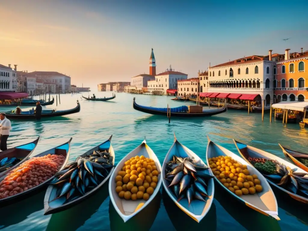 Mercado de pescado en Rialto, Venecia: amanecer dorado Vibrante mercado de pescado en Rialto, Venecia, al amanecer