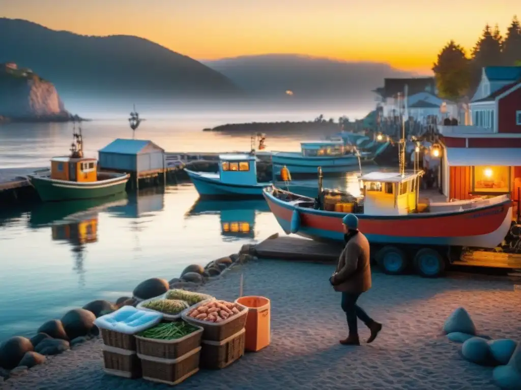 Mercado de pescadores al atardecer: escena costera dorada Vibrante mercado de pescadores al atardecer con gastronomía costera sostenible tendencia