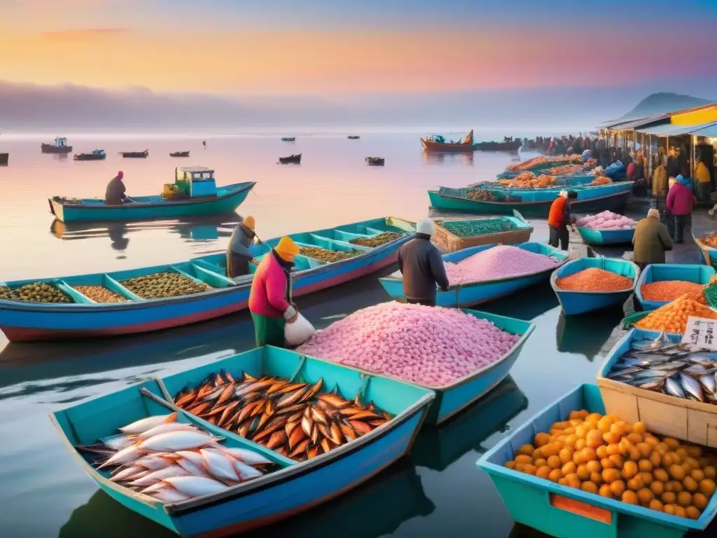 Mercado pesquero costero al amanecer: frescura y comunidad Vibrante mercado pesquero costero al amanecer, con pescado fresco y mariscos