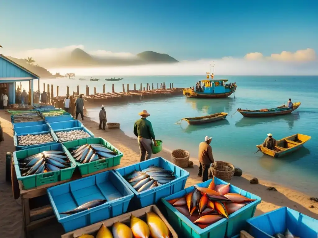 Mercado pesquero al amanecer: pescadores locales descargan capturas frescas en un bullicioso mercado costero bajo el brillo dorado del sol Vibrante mercado pesquero costero al amanecer con pescadores y compradores, desafíos en mercados costeros emergentes
