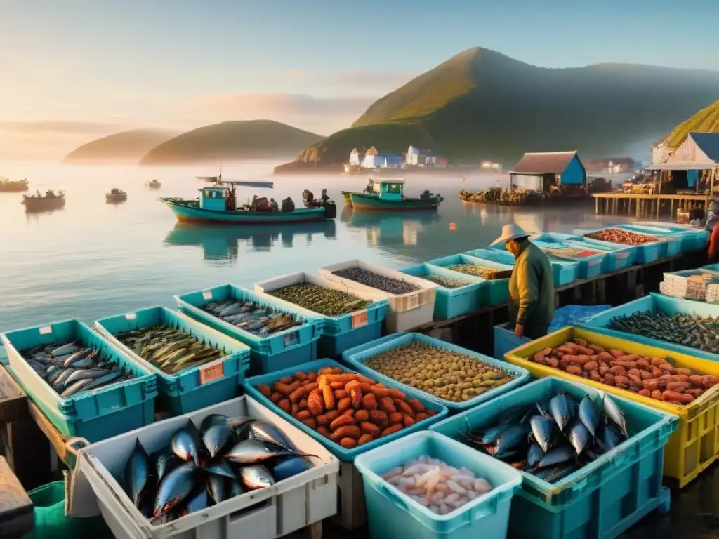 Pintoresco mercado pesquero costero al amanecer Un vibrante mercado pesquero costero al amanecer, con pescadores descargando pescado fresco y colorido