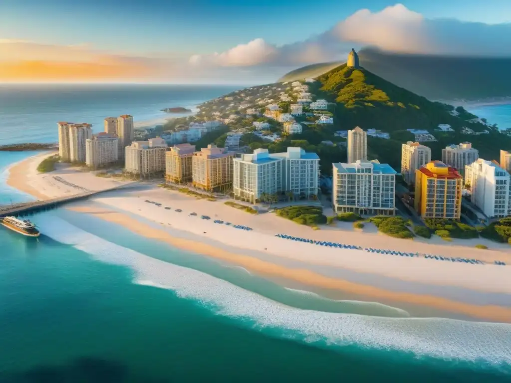Esplendor costero: ciudad moderna entre historia y naturaleza Un vibrante paisaje costero con ciudades costeras en pleno auge inmobiliario, entre rascacielos y arquitectura histórica