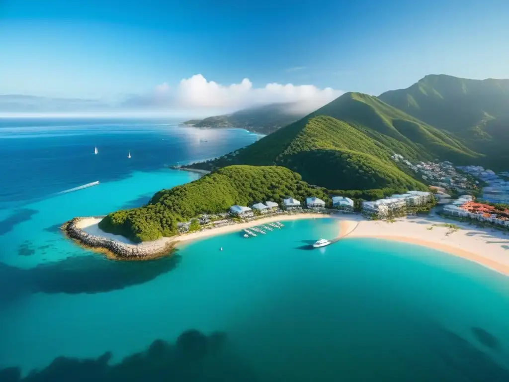 Esplendor costero: ciudad moderna y playas paradisíacas Un vibrante paisaje costero en mercados costeros emergentes, con modernos edificios yates y playas color turquesa