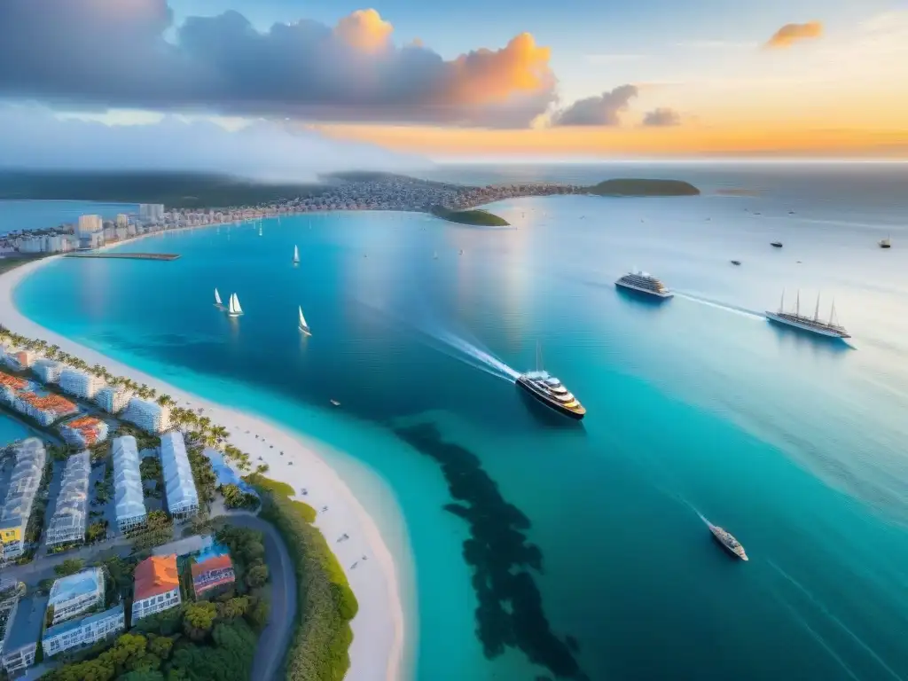 Horizonte costero: modernidad y belleza natural Un vibrante paisaje costero con rascacielos modernos y playas de arena, reflejando el auge inmobiliario en ciudades costeras