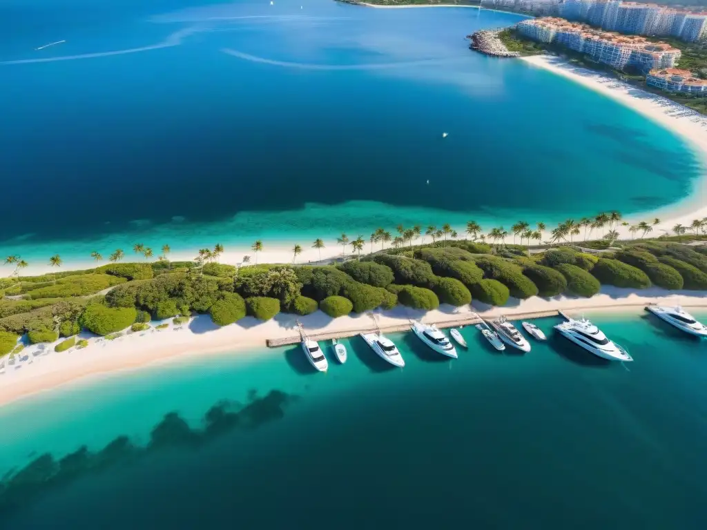 Marina de lujo frente al mar: inversión costera exclusiva Un vibrante paisaje costero con yates, palmeras y propiedades lujosas