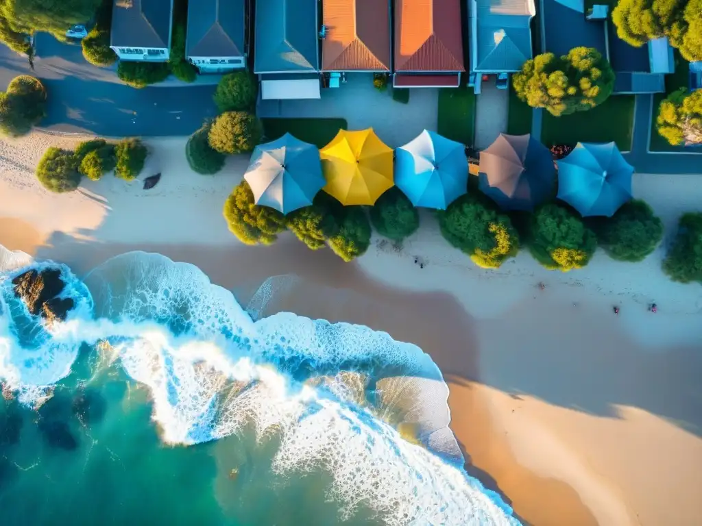 Paraíso costero: atardecer dorado en playa vibrante Un vibrante pueblo costero durante un atardecer dorado, con playa, sombrillas, surfistas, paseo marítimo y turistas