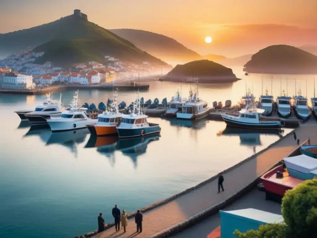 Atardecer vibrante en puerto costero: tradición y progreso en armonía Un vibrante pueblo costero al atardecer, reflejando actividad económica y la coexistencia armónica de tradición y progreso