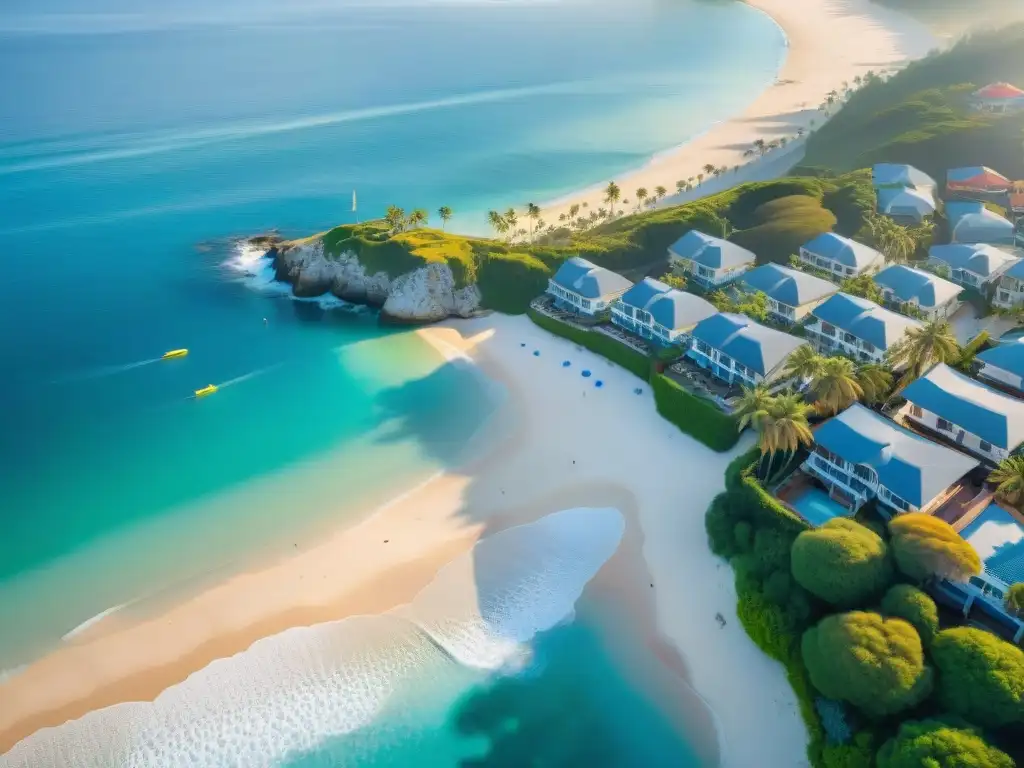 Inversión inmobiliaria en paraíso costero: ¡sol, mar y diversión! Un vibrante pueblo costero bañado por la cálida luz del atardecer, reflejando las ventajas del crowdfunding inmobiliario costero