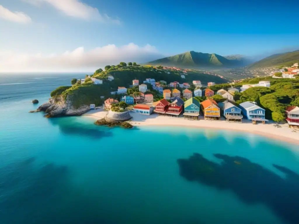 Pintoresco pueblo costero: belleza y vulnerabilidad Vibrante pueblo costero, casas coloridas junto al mar, reflejando la belleza y vulnerabilidad de las propiedades costeras