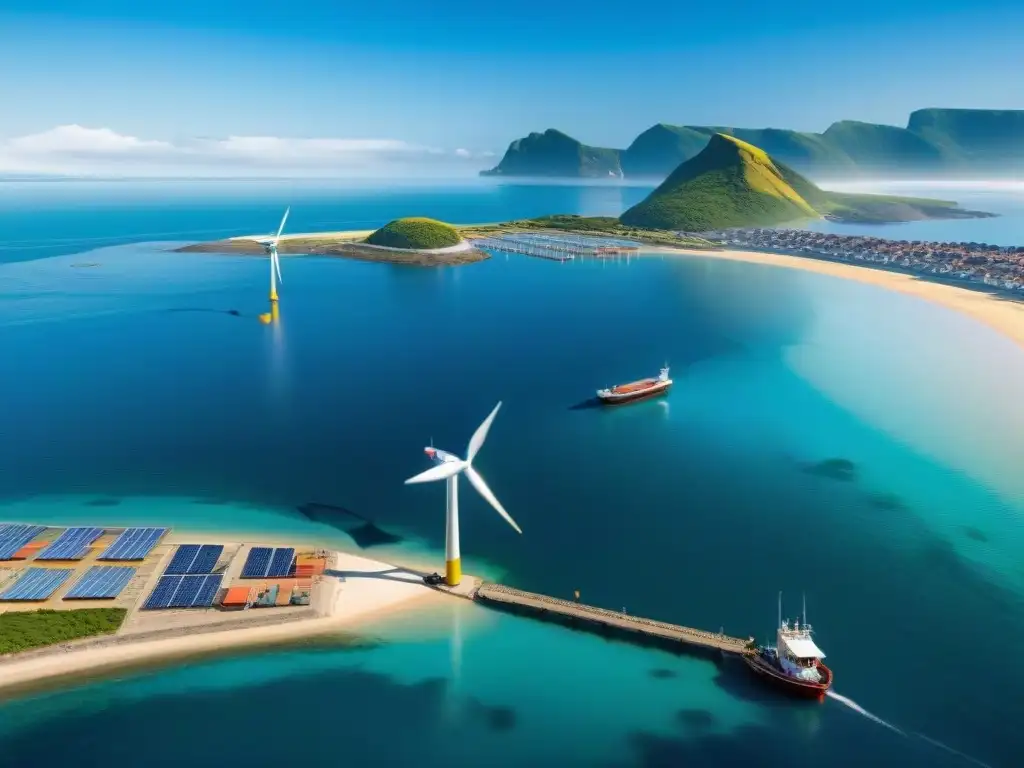 Pueblo costero sostenible: pesca local y energía renovable Vibrante pueblo costero con inversiones costeras sostenibles rentables, mezcla de economía y conciencia ambiental