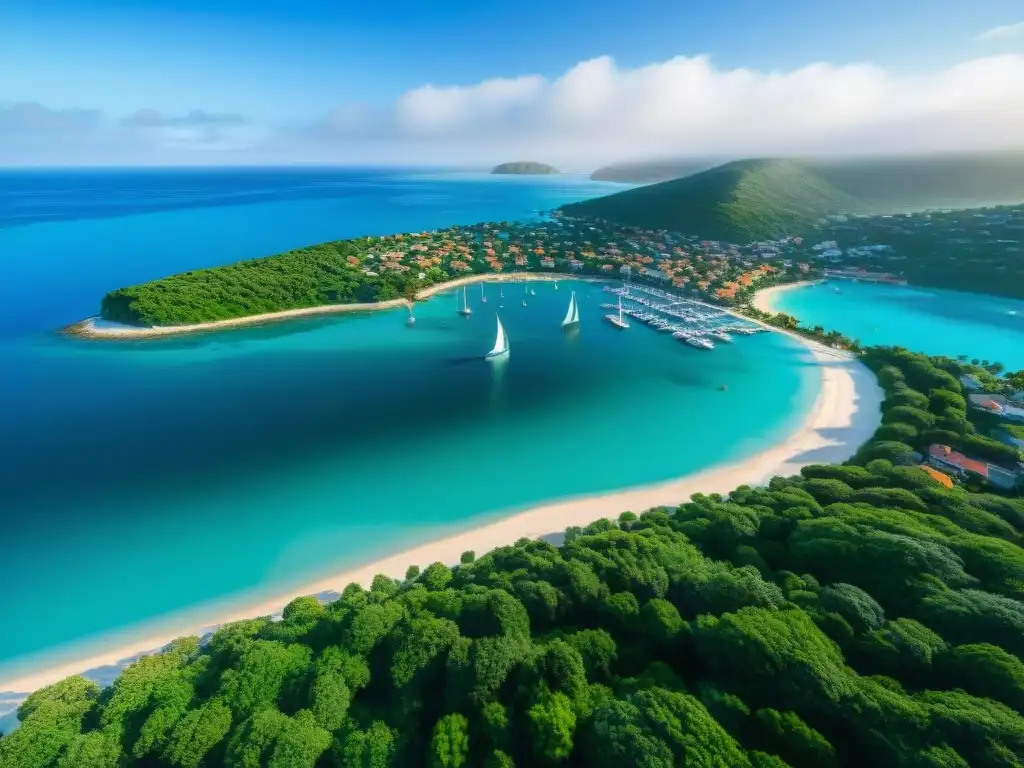 Marina repleta de veleros en pueblo costero Un vibrante pueblo costero con una marina animada, playas y propiedades coloridas