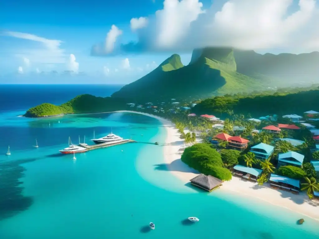 Vista aérea de un pueblo caribeño vibrante y colorido en la costa Vibrante pueblo costero en el Caribe con Mercado Inmobiliario Costero en el Caribe