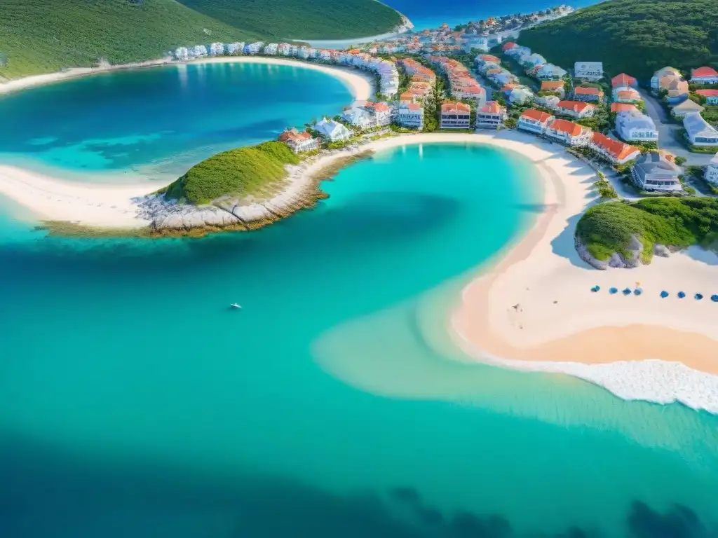 Costa vibrante: alquileres vacacionales en mosaico junto al mar Un vibrante pueblo costero en 2025 con propiedades vacacionales coloridas al borde del mar y un bullicioso malecón