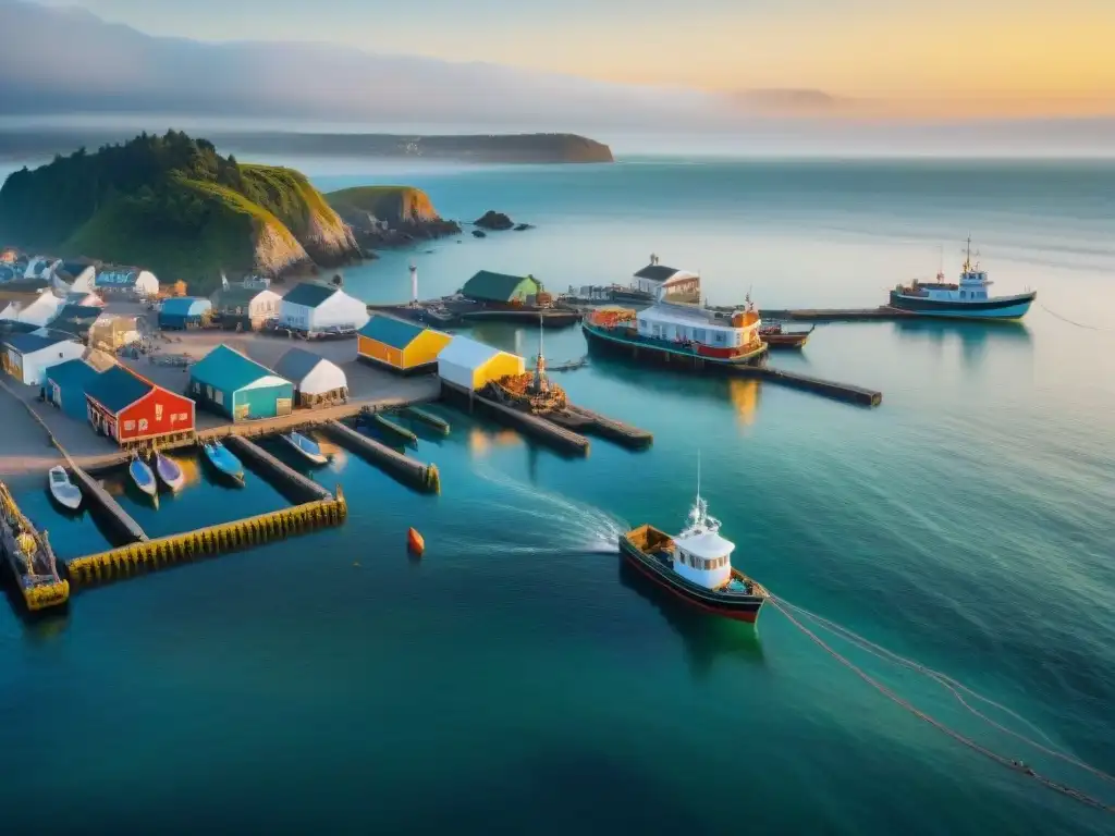 Paisaje costero: atardecer en un bullicioso pueblo pesquero Vibrante pueblo costero de vital importancia económica, con barcos pesqueros coloridos y bullicioso mercado de pescado al atardecer