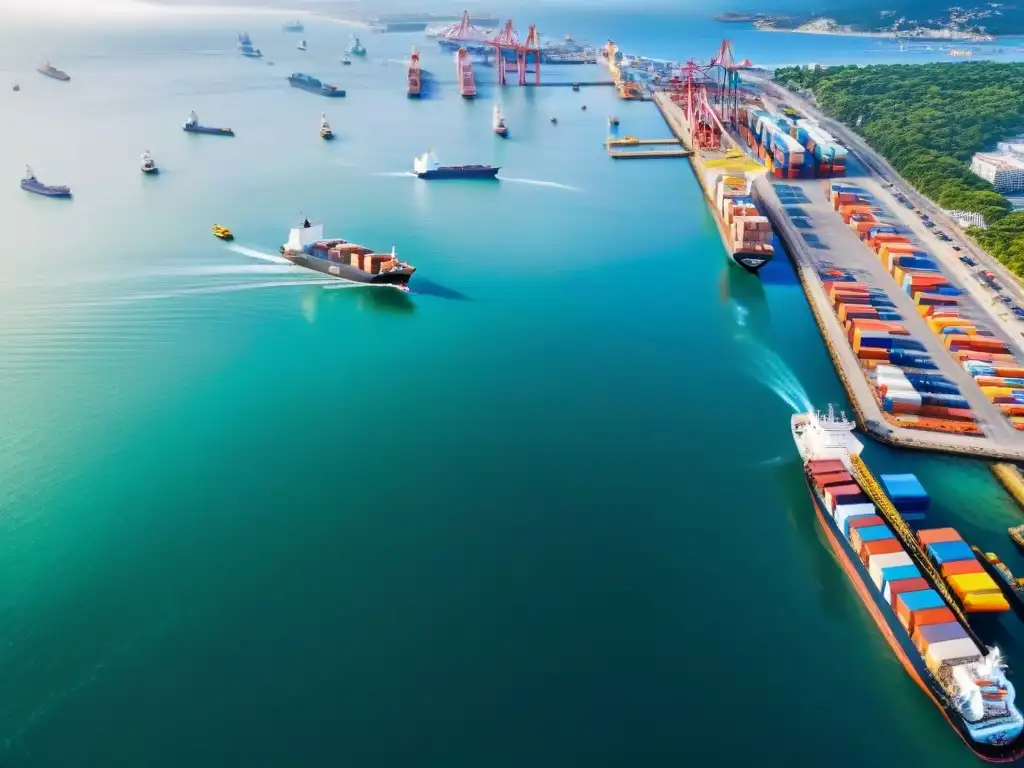 Vista aérea impresionante de ciudad costera: inversiones REIT en auge Un vibrante puerto costero con barcos cargueros y veleros, una playa pintoresca y turistas bajo sombrillas