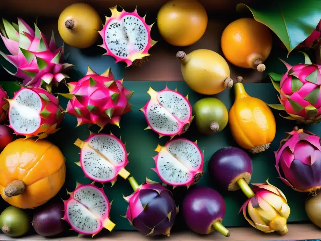 Colorido mercado de frutas exóticas en la costa Un vibrante puesto de frutas exóticas litoral con sabores únicos en un bullicioso mercado