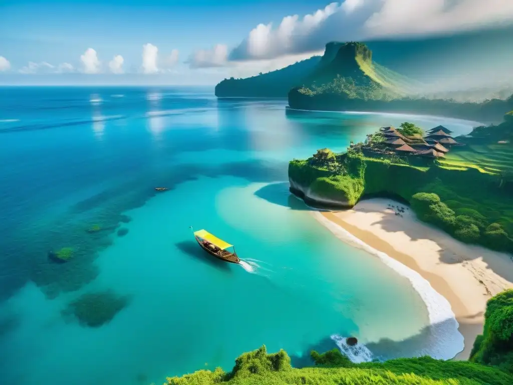 Costa vibrante de Bali: aguas turquesa y pescadores locales Un vibrante retrato costero en Bali, con aguas turquesas, playas de arena y pescadores locales preparando sus redes bajo el cálido sol tropical