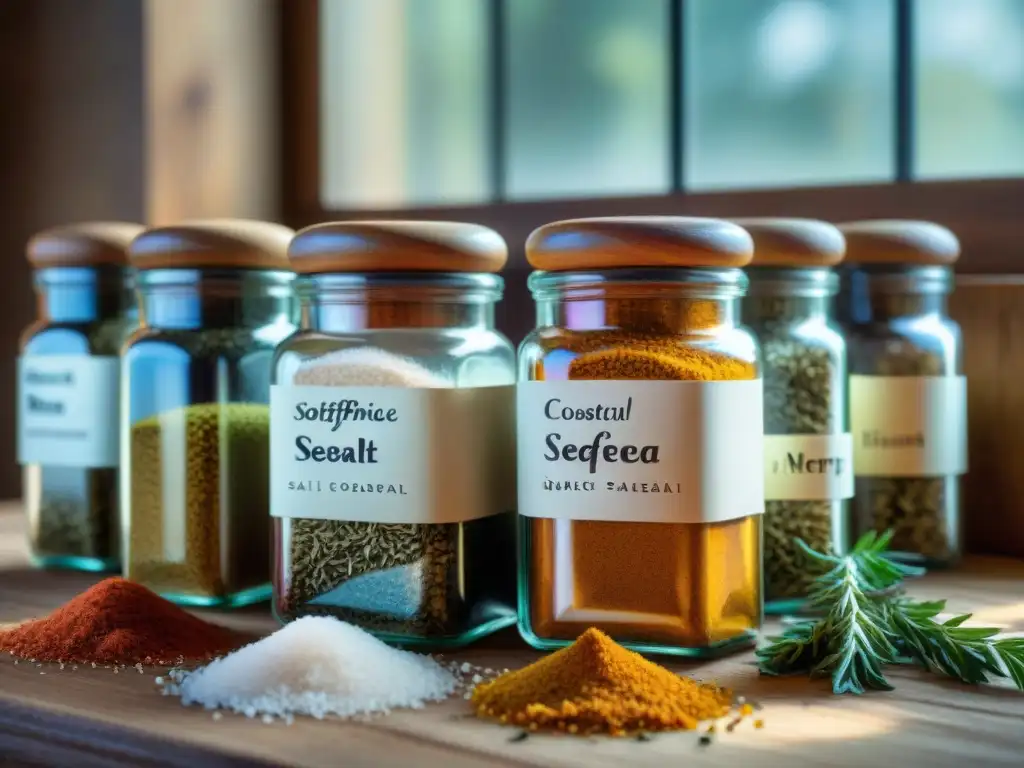 Exquisitas especias costeras en tarros de vidrio Una vibrante selección de sabores y especias costeras para potenciar, en frascos de vidrio sobre mesa de madera rústica