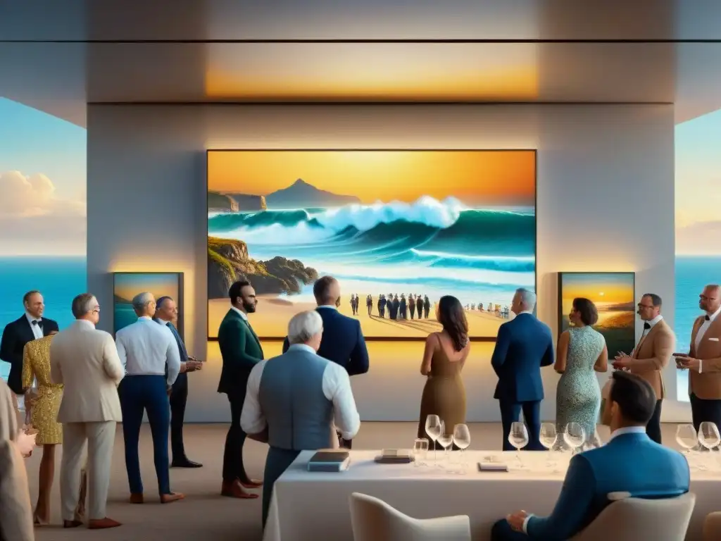 Subasta de arte costero: escena sofisticada y vibrante Una vibrante subasta de arte costero con diversidad de postores, piezas elegantes y un paisaje bañado en luz dorada
