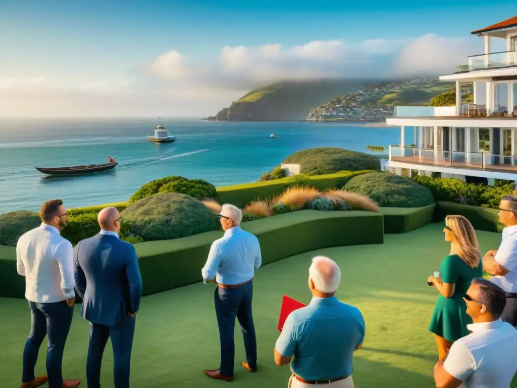 Subasta costera de lujo: emoción y tensión en un día soleado Una vibrante subasta inmobiliaria en la costa con gente diversa pujando por propiedades lujosas, bajo el sol