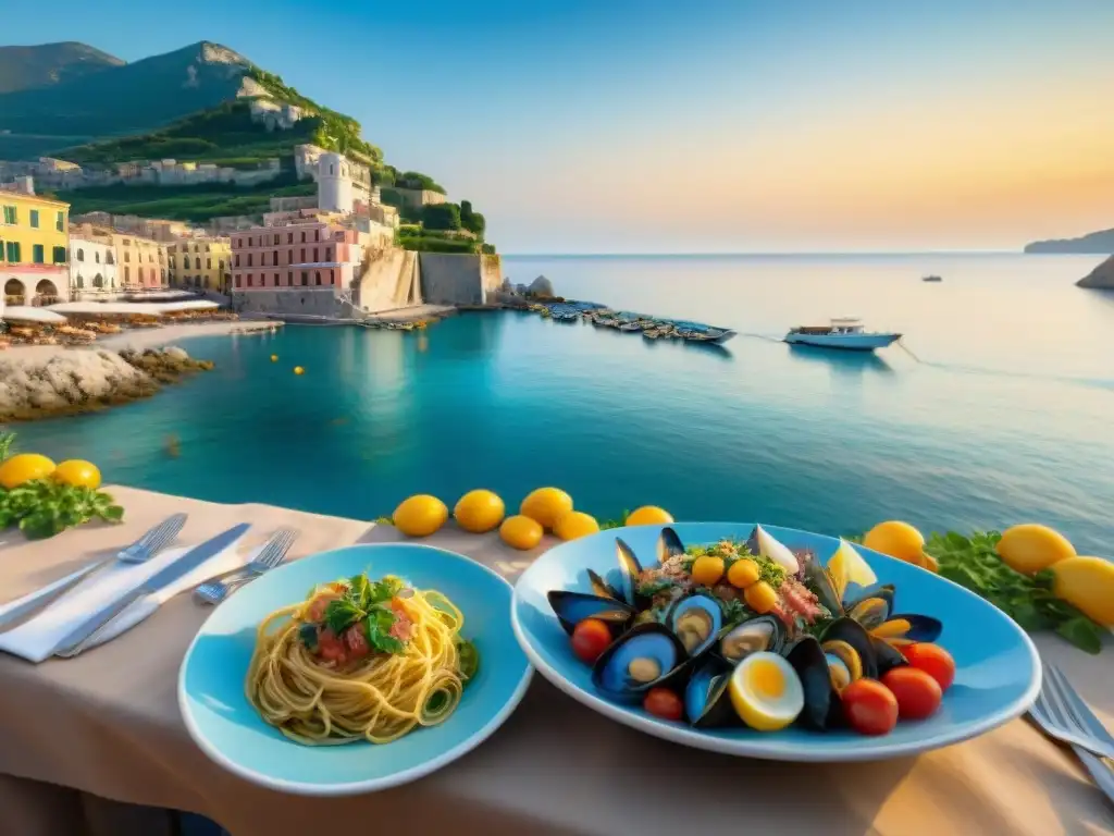 Trattoria italiana en la costa: escena vibrante al atardecer Vibrante trattoria italiana con sabores del mar en Italia al atardecer