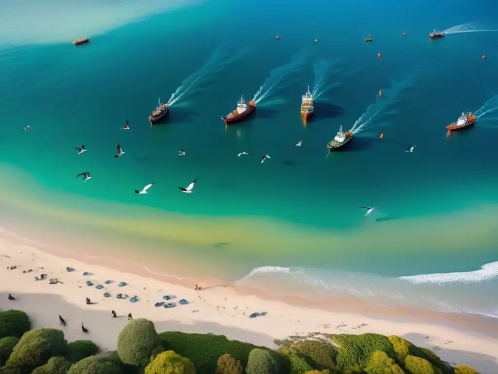 Costa sostenible: pesca, conservación y comunidad Vibrantes botes pesqueros en la costa, pescadores descargando capturas, gaviotas sobrevolando