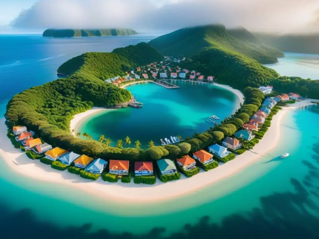 Vista aérea impresionante de un pueblo costero vibrante Adaptarse a la vida en una comunidad costera: coloridos edificios, barcos en aguas cristalinas y un entorno tranquilo y verde bajo el cálido sol
