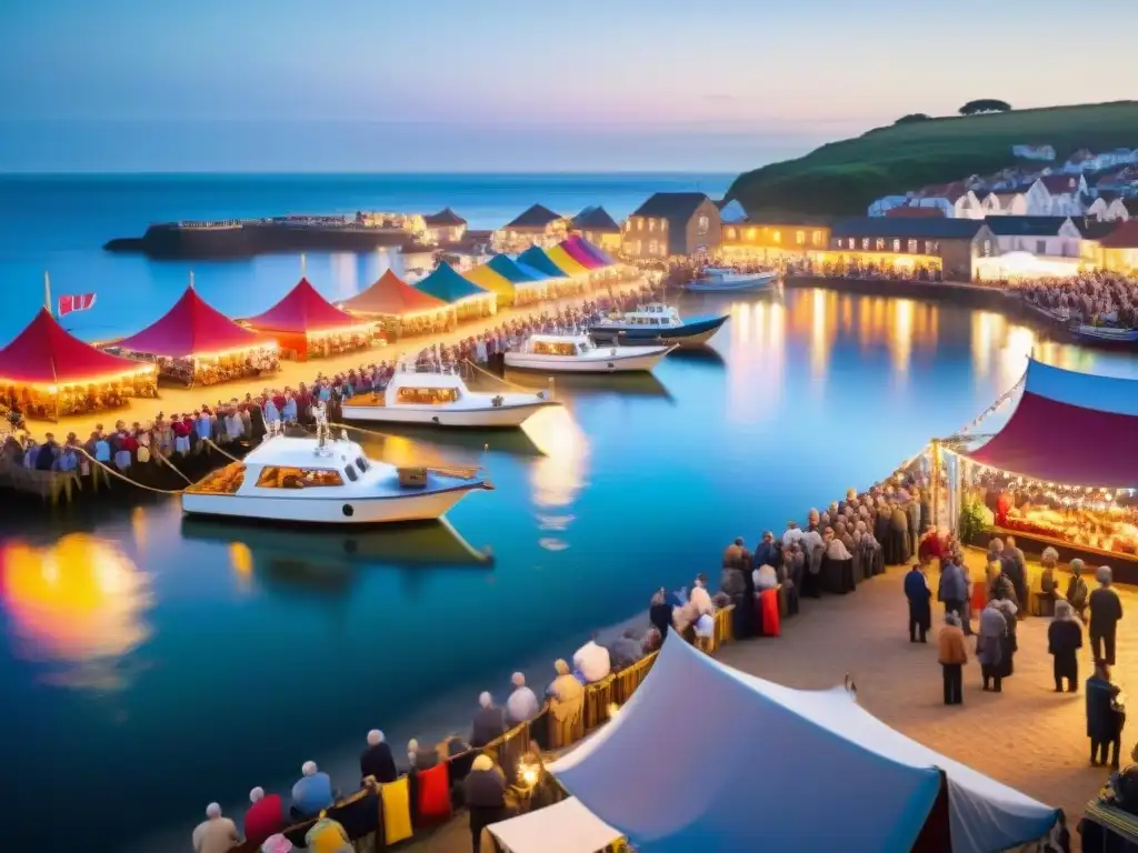 Vida en comunidad costera eventos: Baile tradicional al atardecer en plaza costera con luces y colorido