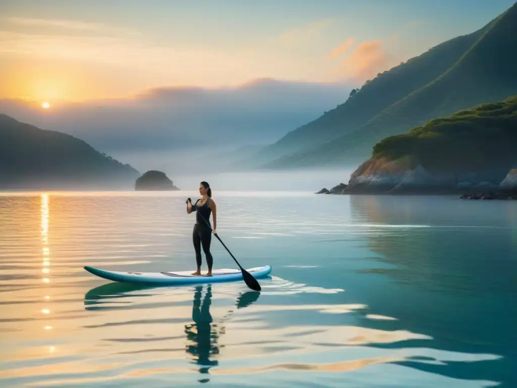 Yoga en paddle board al amanecer: serenidad y conexión Práctica de standup paddle yoga costa vida al amanecer en la costa, con diversidad de personas concentradas y en armonía con la naturaleza