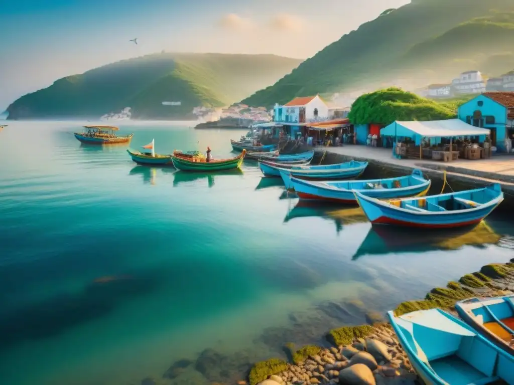 Pintoresco amanecer en pueblo costero: pesca, mercado y naturaleza Vida costera en un amanecer mágico: barcos, puestos de mercado y naturaleza exuberante