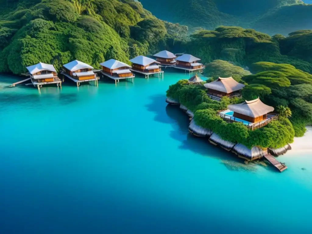 Resplandecientes casas palafito sobre aguas turquesa Vida costera en armonía: casas estilo palafito sobre aguas turquesa y vegetación tropical, bajo cielo azul