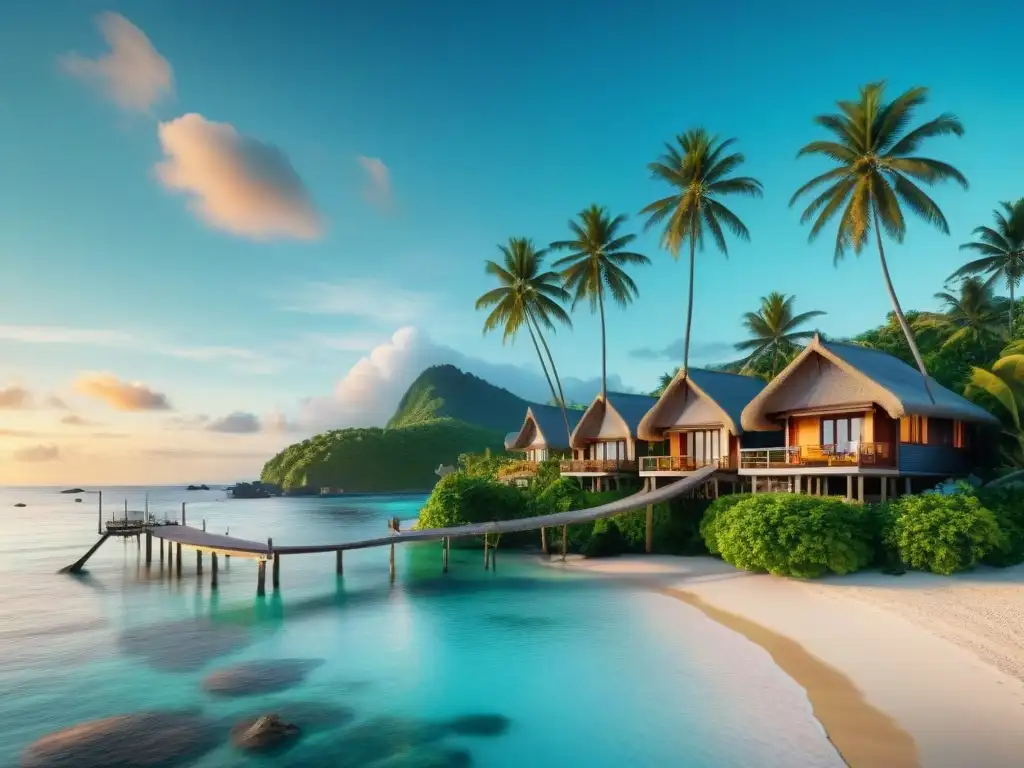 Bungalows de lujo en paraíso tropical: atardecer sereno junto al mar Vida costera en casas bungalow: atardecer en paraíso tropical con pareja en hamaca