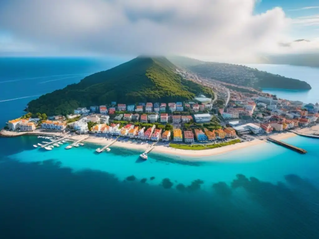 Costa vibrante: coloridos edificios, veleros y mercado local en acción Vida costera: economía