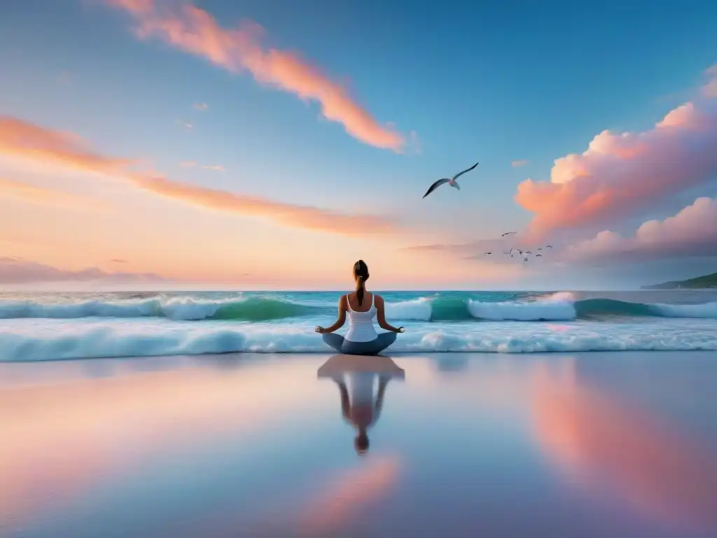Equilibrio emocional en la playa al amanecer: yoga y serenidad Vida costera para equilibrio emocional: Playa al amanecer con olas suaves, gaviotas y yoga en la arena