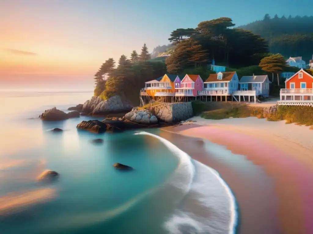 Pintoresco pueblo costero al atardecer: cena junto al mar Vida costera en un pueblo pintoresco al atardecer con colores vibrantes y mar en calma
