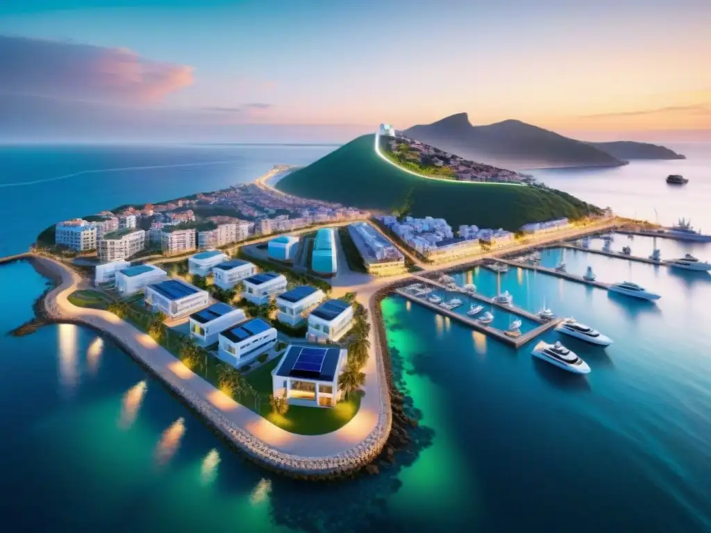 Vista aérea: Ciudad costera inteligente al atardecer Vida costera con sistemas inteligentes: Una ciudad moderna integrando tecnología en su entorno marino al atardecer