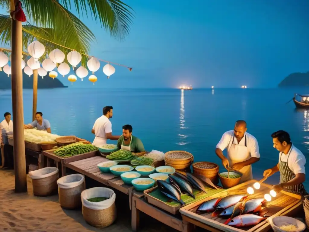 Mercado nocturno de pescado en Paraíso Costero Vida culinaria nocturna en la costa: Mercado de pescado con pescadores y chefs inspeccionando mariscos frescos bajo la luz cálida de las linternas