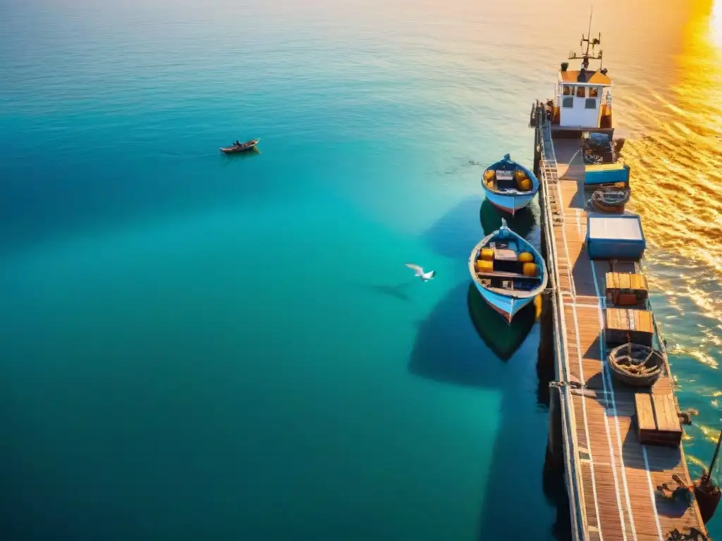 Espectacular puerto pesquero al amanecer: barcos, pescadores y gaviotas La vida económica de las costas cobra importancia con el bullicioso puerto pesquero al amanecer