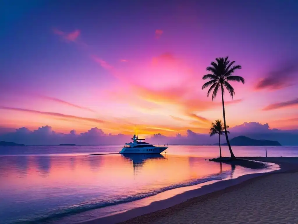 Atardecer vibrante en el mar: escena costera de ensueño Vida junto al mar concierge: Atardecer vibrante sobre el océano, palmeras y un yate distante en una escena idílica y serena