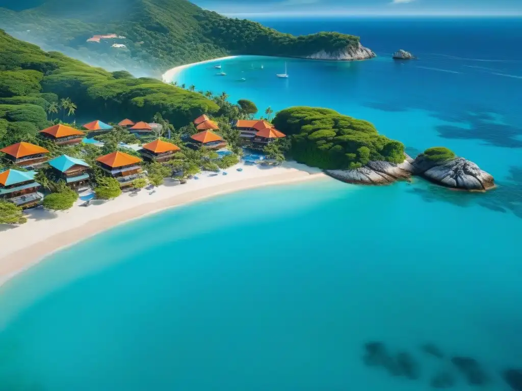 Paraíso costero: Aguas turquesas, playas doradas y palmeras Vida junto al mar concierge: Vista aérea de un encantador pueblo costero con aguas turquesa, playas doradas y sombrillas coloridas