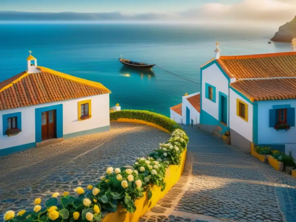 Encantadora calle empedrada en pueblo costero portugués Vida junto al mar Portugal: Calle empedrada con casas coloridas y flores en un pueblo costero portugués al amanecer